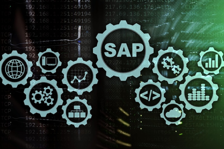 Foto concepto de automatización de software del sistema sap en el centro de datos de pantalla virtual