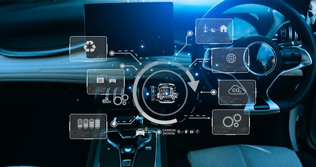 Foto concepto de automóvil de energía eléctrica vehículo híbrido futurista carga batería eléctrica detalles interiores de automóviles modernos