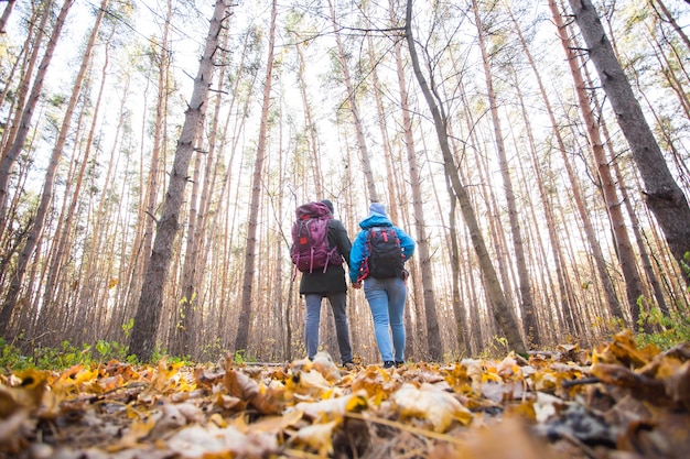 concepto de aventura, viajes, turismo, caminata y personas - pareja joven con mochilas en el bosque