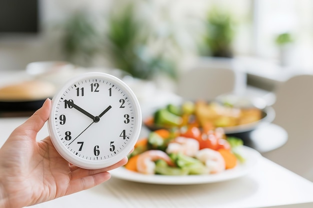 Foto concepto de ayuno intermitente con ensalada y reloj