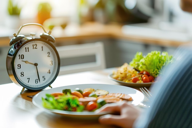 Foto concepto de ayuno intermitente con ensalada y reloj