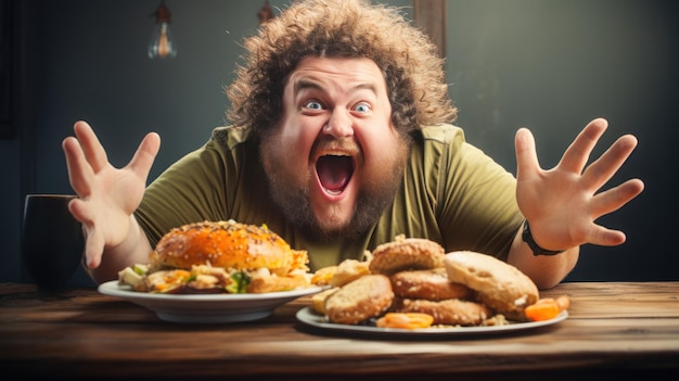 El concepto de ayuno intermitente de un hombre gordo disfrutando de la comida