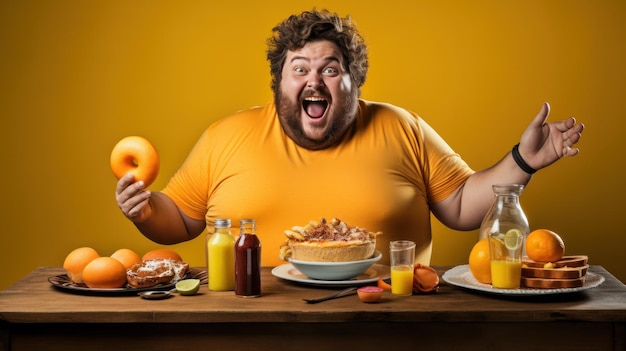 El concepto de ayuno intermitente de un hombre gordo disfrutando de la comida