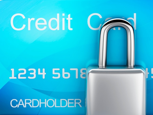 Foto concepto bancario de la tarjeta de crédito y del lock.safe en el fondo blanco