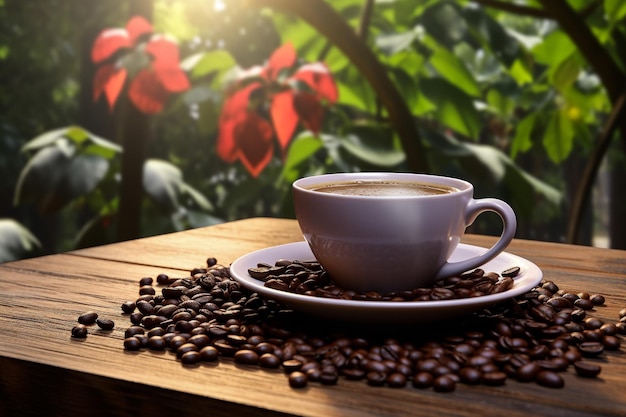 Concepto BannerMuchos granos de café se colocan en barriles de madera y alrededor y hay una taza de café