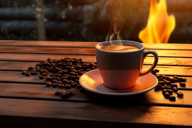 Concepto BannerMuchos granos de café se colocan en barriles de madera y alrededor y hay una taza de café