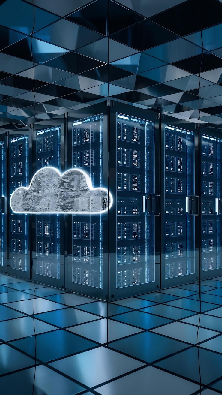 Foto concepto de bastidor de almacenamiento de datos en la nube en línea en servidor digital de cubo de vidrio para base de datos de red global