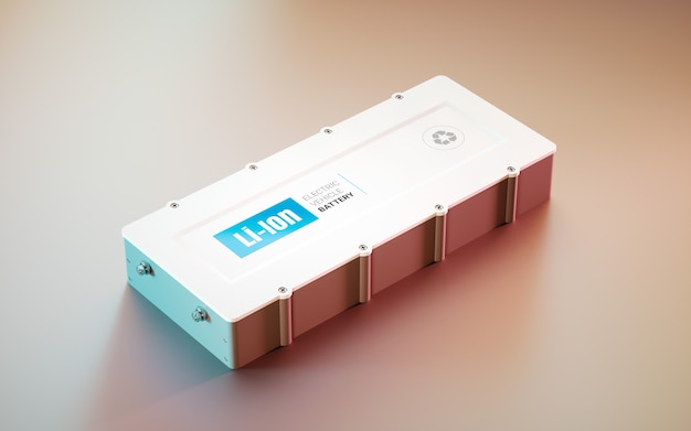 Concepto de batería de iones de litio EV (vehículo eléctrico). vista lejana. Representación 3D.