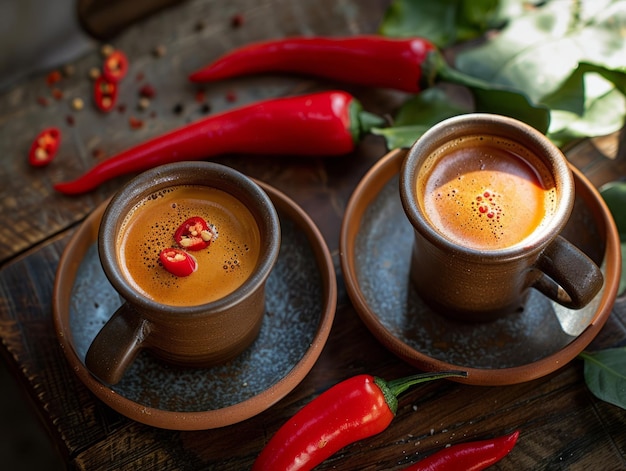 Concepto de bebida picante de café caliente y chile suave