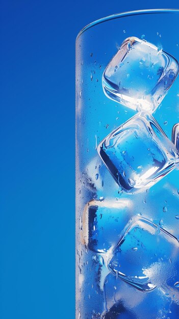 Concepto de bebida refrescante Cubos de hielo en un vaso sobre papel tapiz móvil vertical azul