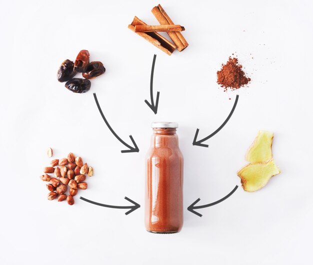 Concepto de bebida saludable detox, ingredientes de batido de chocolate. Jugo natural, orgánico en botella para dieta de adelgazamiento o día de ayuno. Cacao en polvo, jengibre, dátiles y mezcla de canela aislado en blanco