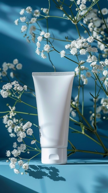 Concepto de belleza ética Tubo cosmético blanco con flores de gipsófila Papel de pared móvil vertical