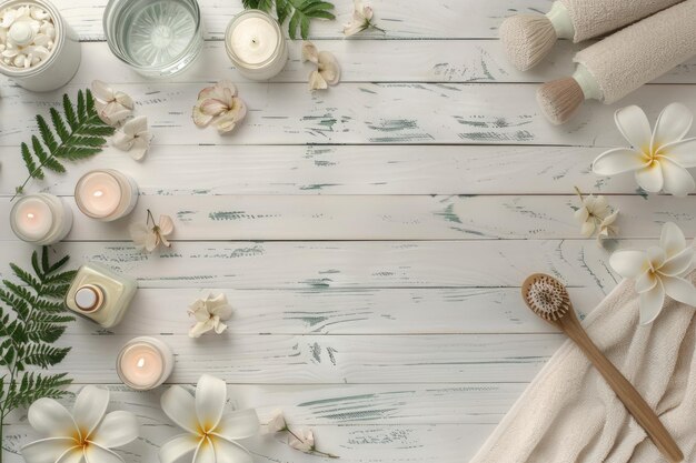 Foto concepto de belleza y moda con spa en un fondo de madera rústica blanca