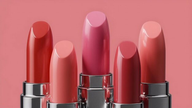 Concepto de belleza de primer plano conjunto de lápices labiales en colores rojo rosa y coral ilustración de renderización 3D