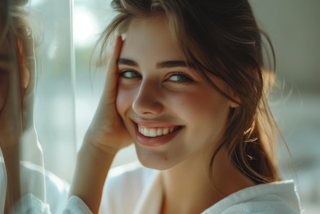 Concepto de belleza Retrato de una mujer atractiva y feliz mirándose en el espejo en el baño