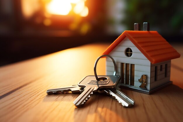 Concepto de bienes raíces con llaves y modelo de casa en mesa de madera sobre fondo de puesta de sol