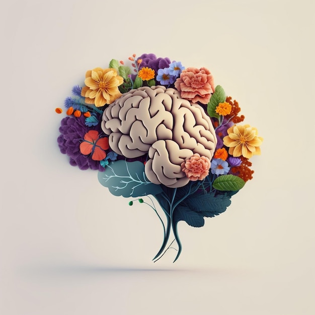 concepto de bienestar creativo. cerebro con flores