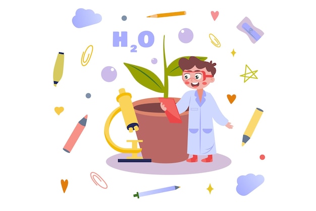 Concepto de biología con gente escena en diseño de dibujos animados plano Un joven científico observa