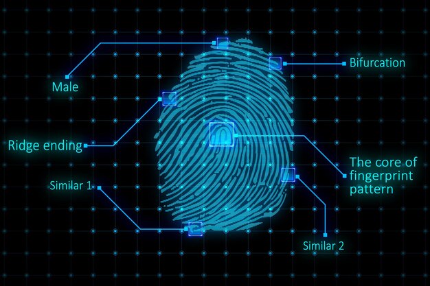 Concepto de biometría y tecnologías de datos personales con huella digital humana azul sobre fondo punteado oscuro con información para la representación 3D de identificación