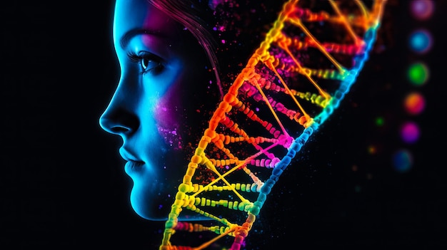 Concepto de bioquímica con molécula de adn rostro humano adn sobre fondo oscuro generado por ai