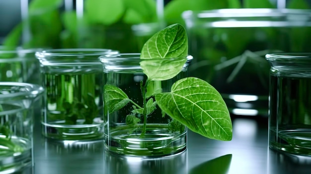 Concepto de biotecnología con cristalería de laboratorio de hojas de plantas verdes y realización de investigaciones que ilustran la poderosa combinación de la naturaleza y la ciencia en los avances médicos AI Generativo