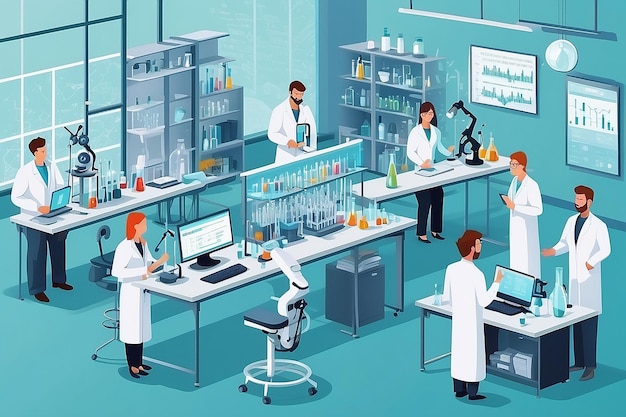 Concepto de biotecnología en estilo plano Científicos en escena de laboratorio Investigación científica secuencia de ADN clonación y recombinación banner web Ilustración vectorial con personajes de personas en situación de trabajo