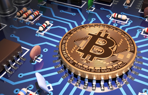 Concepto de Bitcoin como un procesador de computadora en la placa base