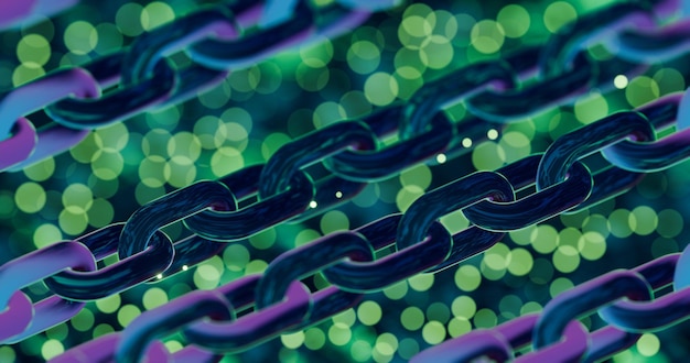 Concepto de Blockchain futurista con Bokeh azul brillante y enlaces de cadena