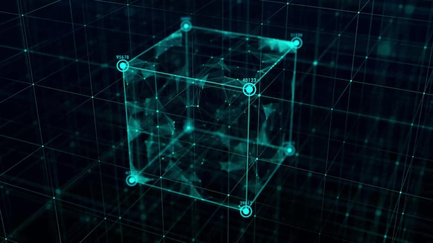 Concepto de blockchain de tecnología Movimiento dinámico de un flujo de datos digitales Estructura de conexiones de red Visualización de big data Representación 3D