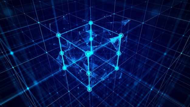 Concepto de blockchain de tecnología Visualización del flujo dinámico de la industria de las criptomonedas Conexiones de flujo de datos grandes Estructura de conexión de red Representación 3D