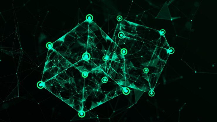 Foto concepto de blockchain de tecnología visualización del flujo dinámico de la industria de las criptomonedas conexiones de flujo de datos grandes