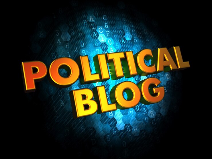 Foto concepto de blog político - texto en color dorado sobre fondo digital azul oscuro.