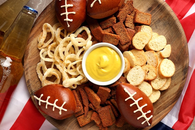 Concepto de bocadillos del Super Bowl de cerca