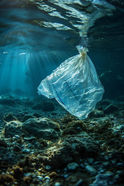 Concepto de bolsa de plástico bajo el agua para la contaminación marina