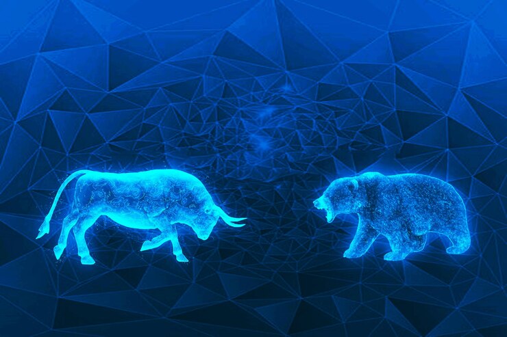 Foto concepto de bolsa de valores o tecnología financiera3d representación polígono toro y oso