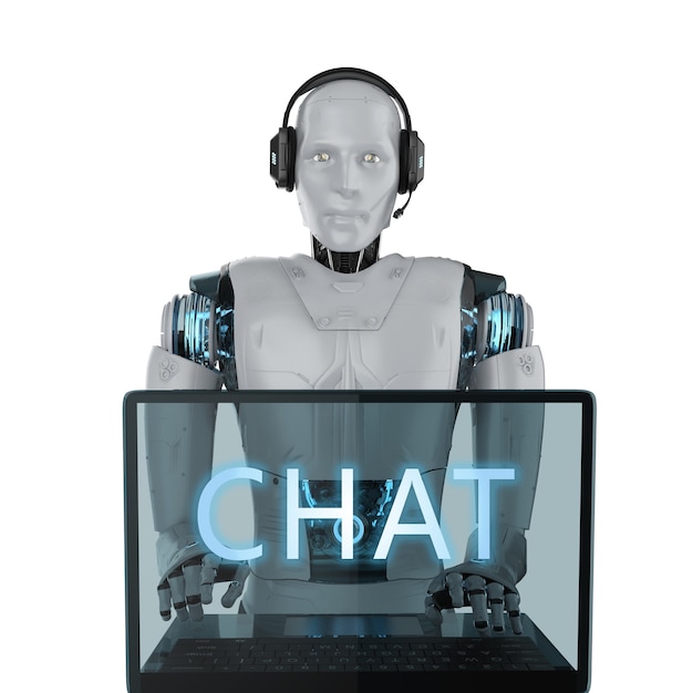 Concepto de bot de chat con robot humanoide de renderizado 3D con auriculares en el ordenador portátil