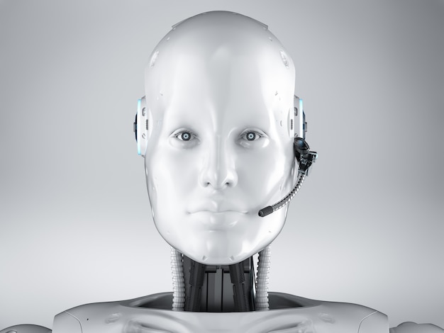 Concepto de bot de chat con robot humanoide de renderizado 3d con auriculares