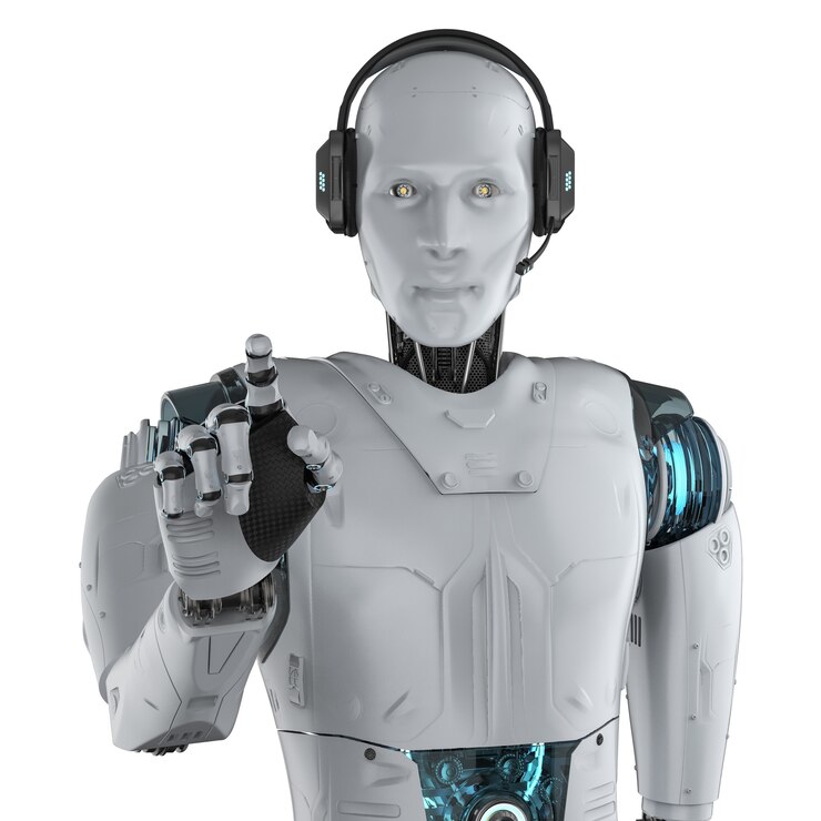 Foto concepto de bot de chat con robot humanoide de renderizado 3d con auriculares