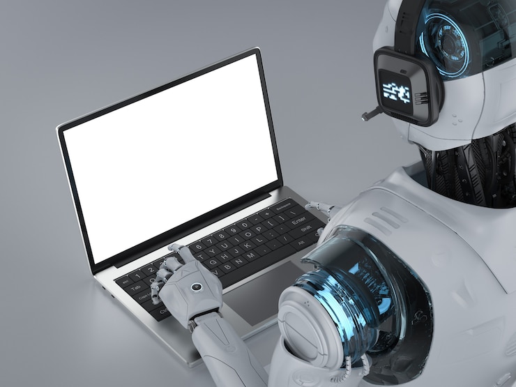Foto concepto de bot de chat con robot con trabajo de auriculares en computadora portátil