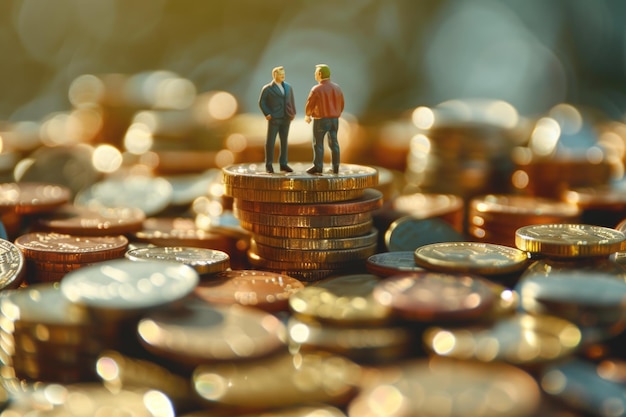 Foto el concepto de la brecha de ingresos raciales personas en miniatura de pie en una pila de monedas