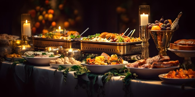 Concepto de buffet de comida una gran cantidad de diferentes alimentos coloridos en una mesa de banquete con velas