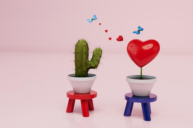 El concepto de cactus de amor no recíproco junto a una olla con un corazón entre ellos corazones y mariposas 3d render