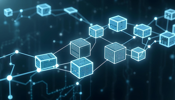 Foto concepto de cadena de bloques big data código binario tecnología de la información futurista flujo de datos transferencia