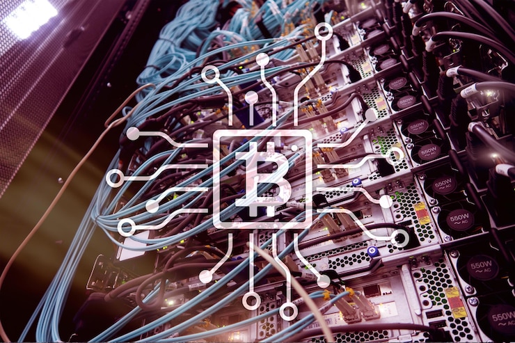 Foto concepto de cadena de bloques de bitcoin en el fondo de la sala de servidores