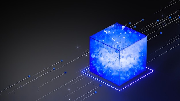 Concepto de cadena de bloques Blocos de cubos conectados de criptomoneda Big data Tecnología de cadena Ai Fondo Operaciones de cripto de transmisión de datos Ilustración 3D