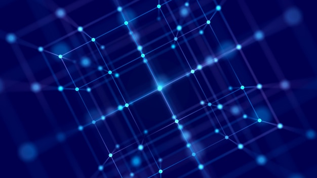 Concepto de cadena de bloques digital Almacenamiento de datos en celdas separadas Fondo abstracto con puntos y líneas de conexión Renderización 3D