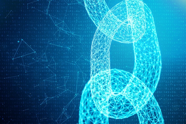 Concepto de cadena de bloques, tecnología de cadena de bloques digital. Criptomoneda, concepto de código digital. Red de eslabones de cadena. Cuadrícula poligonal baja de triángulos que brillan intensamente en la red de puntos azules, ilustración 3D