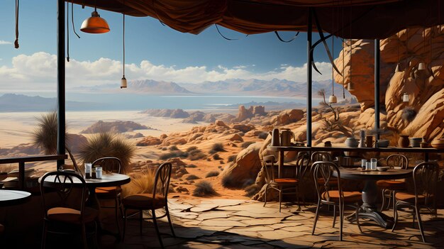 Un concepto de café en el desierto con vistas al mar de arena