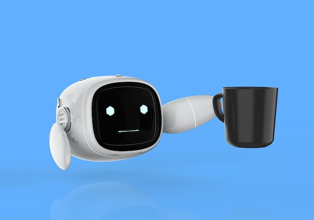 Concepto de cafetería o cafetería de automatización con barista robótico que sirve una taza de café