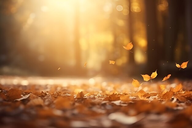 Concepto de caída de otoño Hojas de arce de color amarillo anaranjado en el suelo con un efecto bokeh fondo desenfocado Luz solar